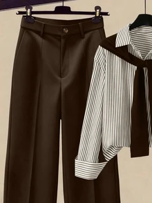 Zovinel 2pcs/Set Women's Striped Shawl Collar Shirt And High Waist Wide Leg Pants, Spring/Autumn - Coffee Brown - View 3