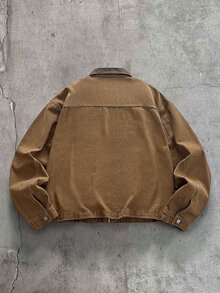 AXEPEAK 男士休閒拼色水洗牛仔夾克，翻蓋口袋，Grunge、都市、工裝風 - 卡其色 - 查看 2