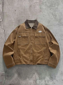 AXEPEAK 男士休閒拼色水洗牛仔夾克，翻蓋口袋，Grunge、都市、工裝風 - 卡其色 - 查看 7
