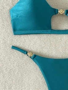 SHEIN Swim 女士夏季海滩性感度假金属配饰细肩带丁字裤性感比基尼套装 - 綠色 - 查看 3