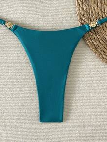 SHEIN Swim 女士夏季海滩性感度假金属配饰细肩带丁字裤性感比基尼套装 - 綠色 - 查看 4