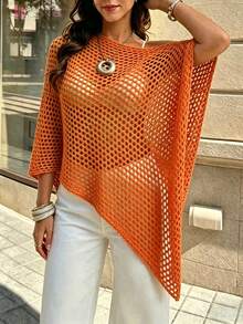 SHEIN Franclia 女款素色鏤空落肩不對稱下擺寬鬆毛衣 - 亮橙色 - 查看 4