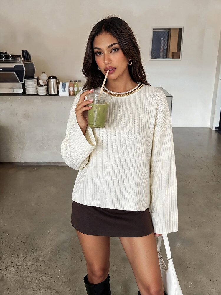 Siren Gaze Women Gold Stone Neck Detailed Flare Sleeve Sweater Pullover - Apricot - View 3
