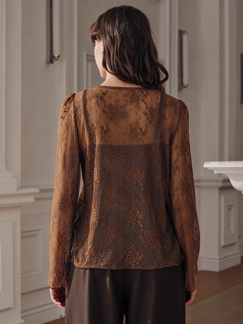 Anewsta Women's Brown Lace Sheer Sexy Elegant Blouse With Fitted Camisole Top, 2 Pieces Set For Teachers' Day Party Office Beach Casual Autumn Chocolate Brown