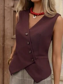 Brillora Women's Solid Color V-Neck Casual Versatile Vest Jacket - Chocolate Brown - View 2