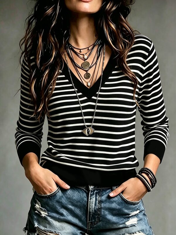 SHEIN Elegant Urban Modern Outdoor Vacation Business Casual Fashion Black & White Striped V-Neck Long Sleeve Women's Pullover Top T-Shirt