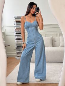 SHEIN PETITE 夏季休閒水洗牛仔連身褲，適合嬌小女性 - 淺色水洗藍 - 查看 5