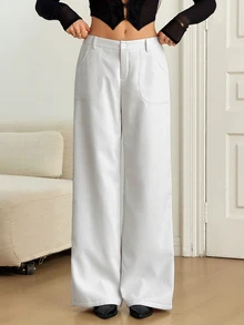SHEIN Tall Solid Slant Pocket Wide Leg Pants - White - View 3