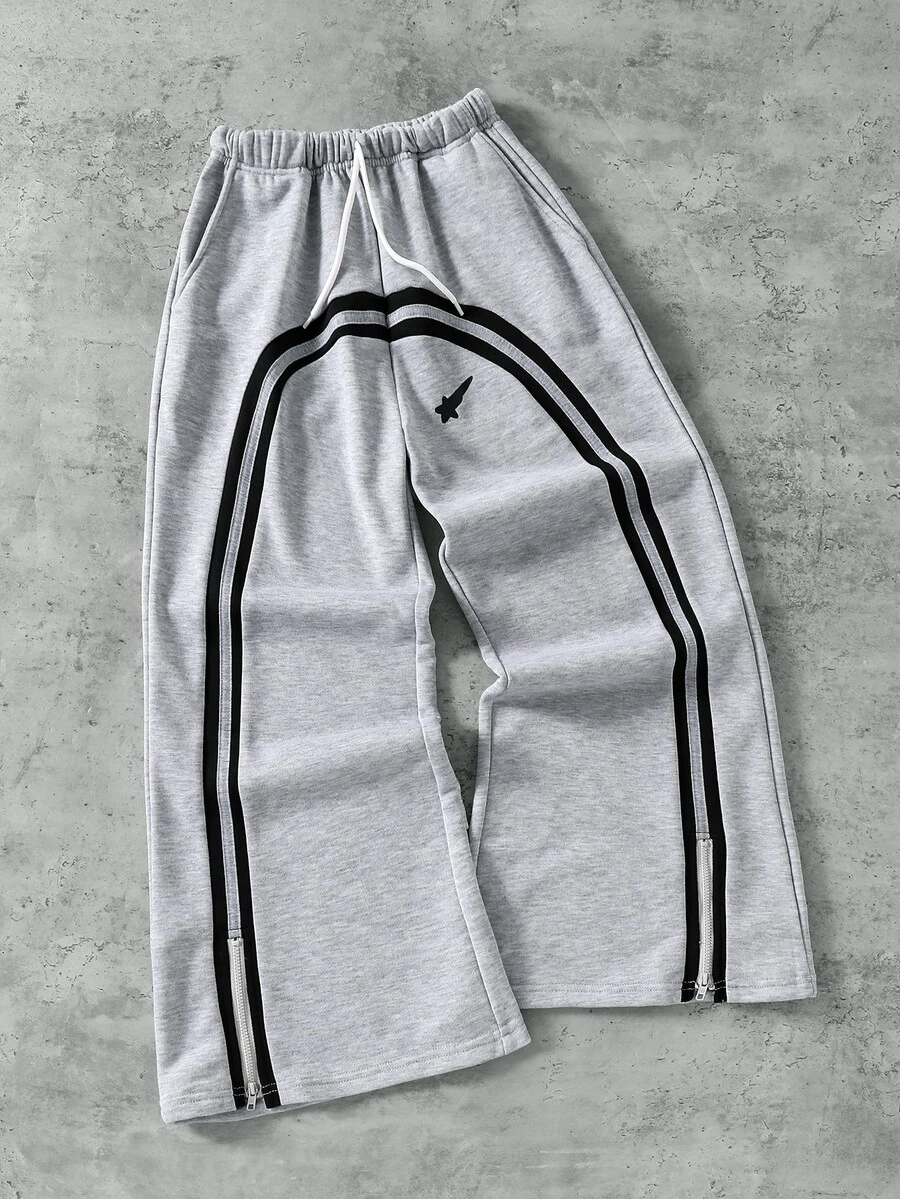 SHEIN Coolqubz Tween Boy Fashion Casual Wide Leg Sweatpants Boys Wide‑Leg Sweatpants, Contrast Side Stripes Zip Elastic Waist Loose Streetwear Pants For Fall Winter - Grey - View 1