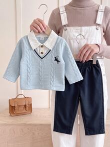 SHEIN Playful Pals 2件組幼兒男童波羅領長褲套裝 學院風 嬰兒藍 粗針編織 假兩件式 長袖波羅領 輕便 生日派對 秋季保暖 周歲馬主題 - 淺藍色 - 查看 8