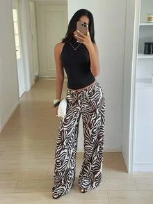 Aloruh 女款低腰休閒復古緞面百搭棕色美拉德色長裙 - 棕色 - 查看 6
