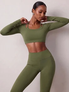 Zivah Women's Long Sleeve 2 In 1 Cropped Athletic Top & Leggings Sportswear Set Gym Workout Activewear For Autumn Winter - Green - View 10