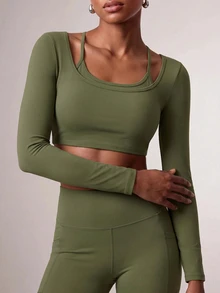 Zivah Women's Long Sleeve 2 In 1 Cropped Athletic Top & Leggings Sportswear Set Gym Workout Activewear For Autumn Winter - Green - View 8