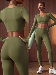 Zivah Women's Long Sleeve 2 In 1 Cropped Athletic Top & Leggings Sportswear Set Gym Workout Activewear For Autumn Winter - Green - View 3