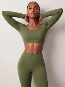 Zivah Women's Long Sleeve 2 In 1 Cropped Athletic Top & Leggings Sportswear Set Gym Workout Activewear For Autumn Winter - Green - View 4