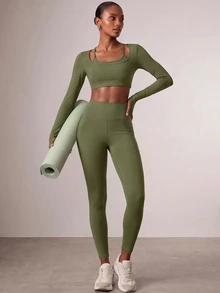 Zivah Women's Long Sleeve 2 In 1 Cropped Athletic Top & Leggings Sportswear Set Gym Workout Activewear For Autumn Winter - Green - View 13