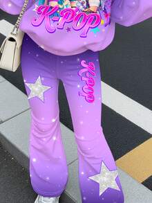 Tween女孩休閒可愛卡通女團印花 K-Pop 超級巨星 紮染圓領落肩衛衣與修身喇叭褲 2件套，適合秋冬 - 彩色 - 查看 3