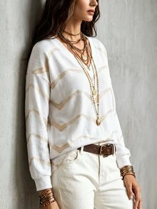 SHEIN 女款秋冬新款熱銷漸層波浪條紋印花休閒百搭層次感V領長袖T恤 - 彩色 - 查看 5