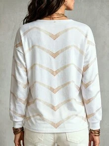 SHEIN 女款秋冬新款熱銷漸層波浪條紋印花休閒百搭層次感V領長袖T恤 - 彩色 - 查看 2