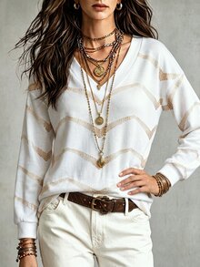 SHEIN 女款秋冬新款熱銷漸層波浪條紋印花休閒百搭層次感V領長袖T恤 - 彩色 - 查看 4