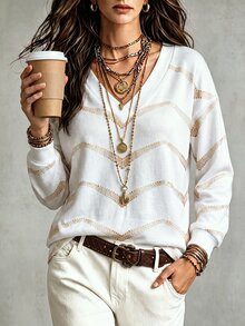 SHEIN 女款秋冬新款熱銷漸層波浪條紋印花休閒百搭層次感V領長袖T恤 - 彩色 - 查看 6