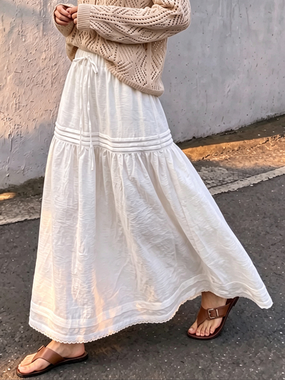 Cévolie Women's Summer White Loose Pleated Design Skirt With Pockets, Solid Color Minimalist Loose French Casual Long Skirt, Suitable For Gatherings, Walking And Other Occasions