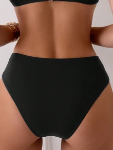 Swim Basics 夏季女性純色褶皺沙灘比基尼下著 - 黑色 - 查看 2
