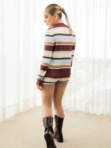 Ximena Robles Ximena Robles Casual Minimalist Asymmetrical Blue & Brown Striped All-Over Print Knit 3 Pieces Set For Women Elegant - Multicolor - View 2