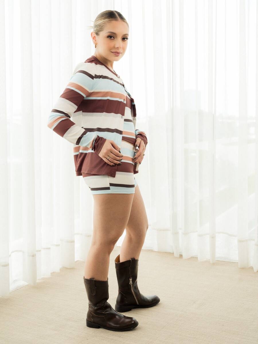 Ximena Robles Ximena Robles Casual Minimalist Asymmetrical Blue & Brown Striped All-Over Print Knit 3 Pieces Set For Women Elegant - Multicolor - View 1
