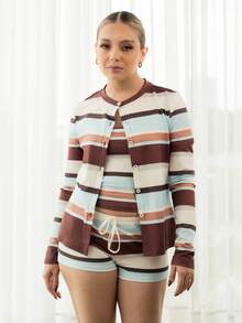 Ximena Robles Ximena Robles Casual Minimalist Asymmetrical Blue & Brown Striped All-Over Print Knit 3 Pieces Set For Women Elegant - Multicolor - View 3