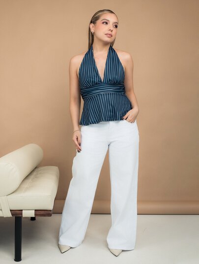 Ximena Robles Ximena Robles Neck Tie Deep V-Neck Cinched Waist A-Line Backless Vintage Print Camisole Casual