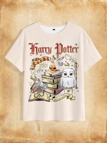 HARRY POTTER X SHEIN Women's Letter & Book Print Round Neck Short Sleeve Casual T-Shirt - White - View 9