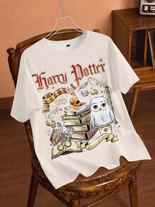HARRY POTTER X SHEIN Women's Letter & Book Print Round Neck Short Sleeve Casual T-Shirt - White - View 1
