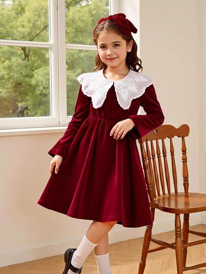 SHEIN Elladie kids Young Girls' Burgundy Velvet Dress, Autumn Christening Elegant Nancy Red Christmas Dress Featuring White Lace Trim Collar, Soft Lustrous Kids