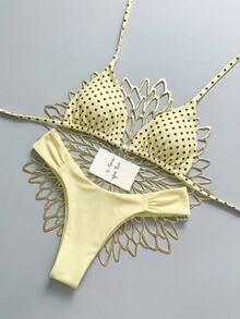 SHEIN Swim 26SS 春夏度假沙滩波点可爱棕色波点比基尼套装 - 黃色 - 查看 4