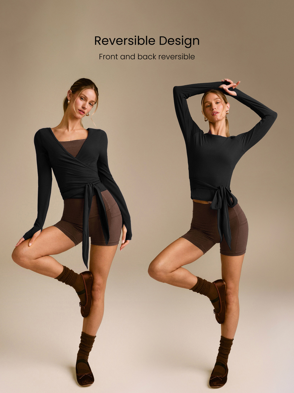 FeatherFit™ Split Decision 2-In-1 Reversible Wear Buttery-Soft Stretchy Sweat-Wicking Tie-Waist Long Sleeve Wrap Top Yoga Pilates Studio Daily Casual