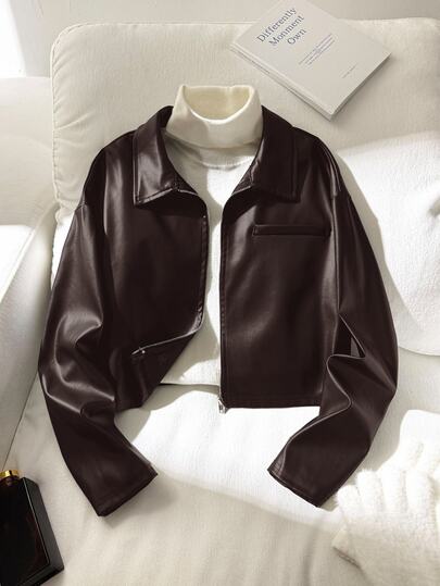 SHEIN Tween Girl Casual Street Kids Style Lapel PU Metal Zipper Front Short Autumn Jacket Brown