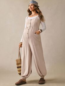 Boho Mama Macacão de Maternidade com Alças de Ombro Elásticas, Fechamento com Botões na Frente e Bolsos (Estilo Rústico Ocidental) - Damasco - Visão 9
