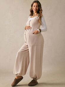 Boho Mama Macacão de Maternidade com Alças de Ombro Elásticas, Fechamento com Botões na Frente e Bolsos (Estilo Rústico Ocidental) - Damasco - Visão 6