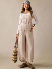 Boho Mama Macacão de Maternidade com Alças de Ombro Elásticas, Fechamento com Botões na Frente e Bolsos (Estilo Rústico Ocidental) - Damasco - Visão 8