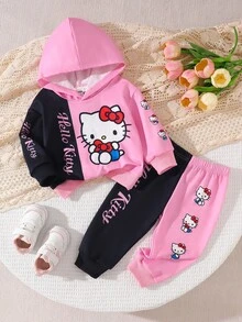 HELLO KITTY AND FRIENDS | SHEIN طقم هودي وبنطلون جوجر للبنات الرضع بطبعة حروف كرتونية وتصميم كتل لونية وردي وأسود مريح للخريف والشتاء 1 طقم - متعدد الألوان - مشاهدة 3