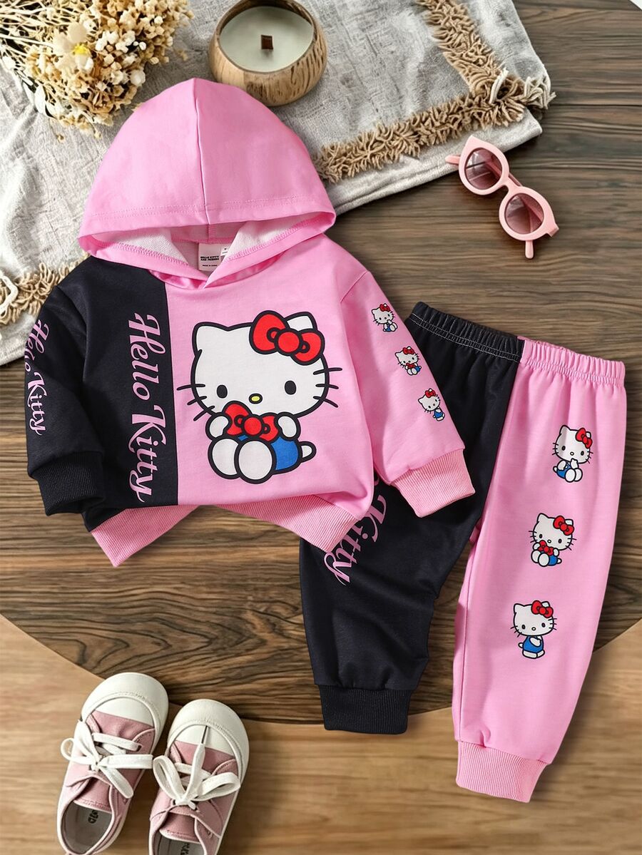 HELLO KITTY AND FRIENDS | SHEIN طقم هودي وبنطلون جوجر للبنات الرضع بطبعة حروف كرتونية وتصميم كتل لونية وردي وأسود مريح للخريف والشتاء 1 طقم - متعدد الألوان - مشاهدة 1