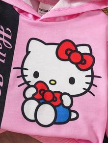 HELLO KITTY AND FRIENDS | SHEIN طقم هودي وبنطلون جوجر للبنات الرضع بطبعة حروف كرتونية وتصميم كتل لونية وردي وأسود مريح للخريف والشتاء 1 طقم - متعدد الألوان - مشاهدة 6