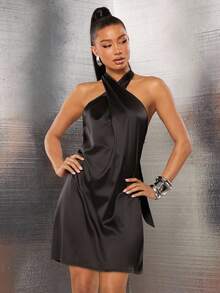 NYA SZN Dress Satin Halter Neck Plunge Back Mini Summer Dress Outfits For Women - Multicolor - View 4