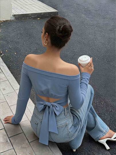 TaskSense Women's Cold Shoulder Long Sleeve High Elastic Back Bowknot Tie-Up Casual Romantic Elegant Sexy Slim Fit Top Night Out Brunch Club Dusty Blue Autumn