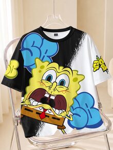 SpongeBob SquarePants | SHEIN Men's Round Neck Short Sleeve Casual T-Shirt - White - View 1