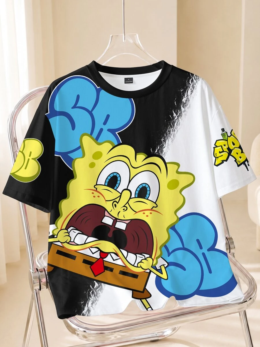 SpongeBob SquarePants | SHEIN Men's Round Neck Short Sleeve Casual T-Shirt - White - View 1