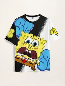 SpongeBob SquarePants | SHEIN Men's Round Neck Short Sleeve Casual T-Shirt - White - View 3