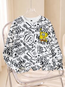 SpongeBob SquarePants | SHEIN 男士全印花圓領休閒日常長袖衛衣 - 白色 - 查看 1