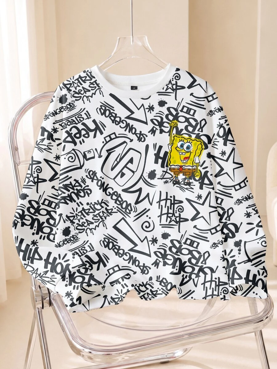 SpongeBob SquarePants | SHEIN 男士全印花圓領休閒日常長袖衛衣 - 白色 - 查看 1